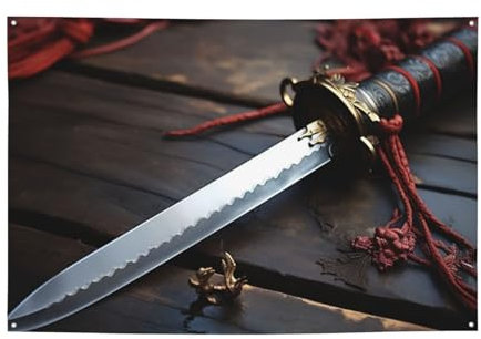 Banner personalisierbar, japanisches Samurai-Schwert, große Banner mit vier runden Metalllöchern, Banner, Heimdekoration für Geburtstag, Lndoor, Outdoo Schilder für Geschäftsparty-Dekoration