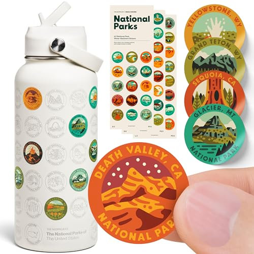National Parks Wasserflasche mit Aufkleber-Set, Erikas Chesonis Collaboration, Abenteuerflasche mit Strohhalm, wasserdichte Aufkleber für Wasserflasche, isolierter Edelstahl, 907 ml, Hellbraun