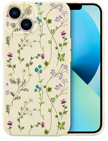 RALEAVO Hülle für iPhone 13, Süß Blumen Silikon Weich Schutzhülle, Beige | Blumen Hülle für iPhone 13, Flüssig Silikon Stoßfeste Schutzhülle Niedlich Dünn mit Microfiber Matt Hülle