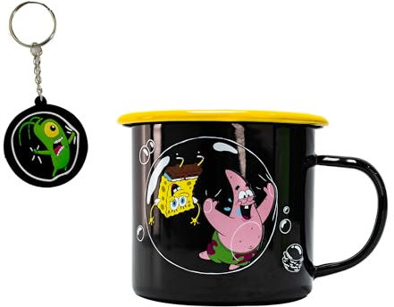 Spongebob Schwammkopf Thumbs up Tasse inklusive Schlüsselanhänger, SpongeBob und Patrick mit Seifenblasen, Offizielles Merch