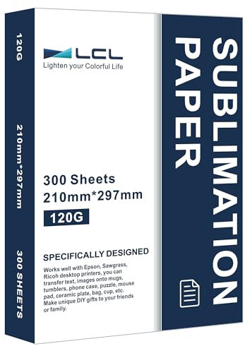 LCL Papel de sublimación A4, 210x297 mm, 300 Hojas, 120 g/m², Compatible con la Impresora de sublimación EPSON, Compatible con SAWGRASS, Compatible con RICOH, Compatible con Brother