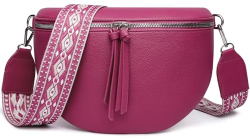 FOMAX Bauchtasche Damen, breiter Schulterriemen im Bohemian Style, extra Reißverschlussfach, silberner Doppel-Reißverschluss, Cross Body Umhängetasche Schultertasche