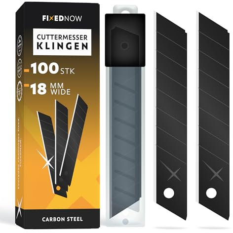 FixedNow 100 x Cuttermesser Klingen Schwarz 18mm extra scharf aus Japanischer Carbonstahl | Klingen für Cuttermesser und Teppichmesser | Utility Knife | Kattermesser Ersatzklingen Tapeziermesser