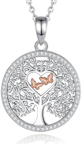 CELESTIA Femme Collier Arbre de Vie Argent 925 Pendentif Arbre de Vie avec Papillons Plaqué Or Rose Bijoux Femme Cadeau Maman Fetes des Meres Cadeaux Grand Mere