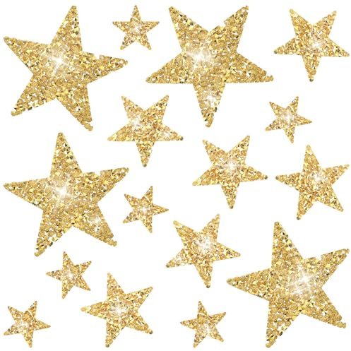 Tyqour 16 Stück Bügelbilder Stern Patches zum Aufbügeln,Strass Stern Flicken zum Aufbügeln Stern Bügelbilder für Textilien,Gold Strass Bügelflicken Patches für Kleidung Kleid Hosen Jeans Hüte Taschen