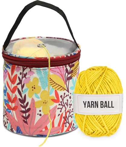 KEYHOT Kleine Häkeltasche Organizer, Mini Garntasche für Häkelprojekte Garnknäuel aufbewahren, Anfänger Garnknäuelhalter zum Stricken Unterwegs (Blau Blätter)