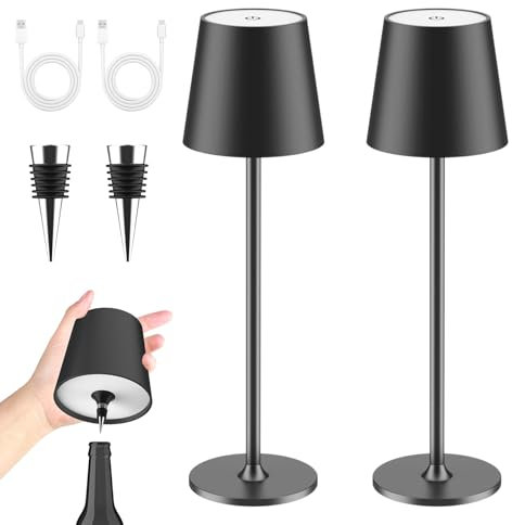 LUCKEA Lampada LED da Tavolo Senza Fili 2 Pezzi Lampade da Tavolo Batteria Ricaricabile Dimmerabili con USB-C e Tappo per Bottiglia per Salotto, Ufficio, Camera da Letto, All'aperto, Nero