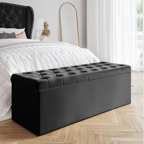 AZ Interiors Royal Furniture 90cm Wide Chesterfield Ottoman Storage Bench, Plush Velvet With Storage, End of Bed, Upholstered Coffee Table, Entryway (Black Velvet)