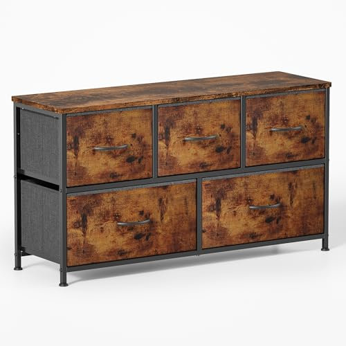 Xbro Kommode,Kommode Schrank mit 5 Schubladen aus Stoff, Kommode Schlafzimmer, Kommode mit Holzplatte und Metallrahmen für Schlafzimmer, Wohnzimmer, Flur (Rustikales Braun)