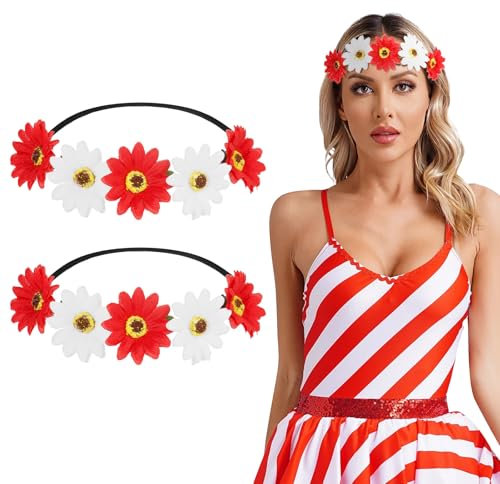 BOOMTOP 2pcs Blumen Haarband Sonnenblumen Haarreif Rot Weiß Karneval Haarschmuck Gäsenblümchen Blumenkranz Haare Stirnbänder Haarbänder Blumenkrone mit Gummiband für Fasching Hochzeit Mottoparty