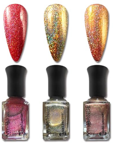 3D Holographic Glitter Nail Polish Set – 3 x 6ml Metallic and Pearl Nail Polishes – Quick-drying Nail Polish, No UV Lamp Required, Long-lasting Mermaid Glitter Effect (SET 2)