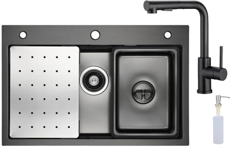 CECIPA Lavello da cucina, da 70 x 45 cm, con rubinetto estraibile X203B, in acciaio inox, nero, incl. dispenser di sapone e sifone, lavello interno di ricambio e tagliere
