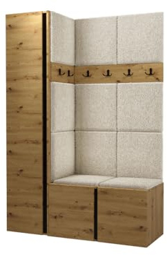 Mirjan24 Garderoben-Set Monati IX, Kleiderschrank, Schuhschrank mit 6 Fächer, 2X Kleiderhakenbrett, Gepolstertes Paneel/Wandpaneel, 8 Doppelhaken, Flurgarderobe (Eiche Artisan/Schwarz, Abriamo 03)