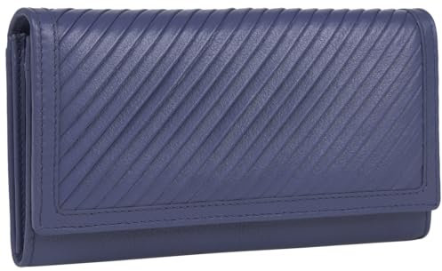 GlobeeCraft Elegante damengeldbörse echt Leder in Blau mit viel Platz für 8 Karten, mittelgroßes Portemonnaie Damen Leder, hochwertiges Echtleder Geldbeutel Damen für Alltag 18 cm x 10 cm x 2,5 cm