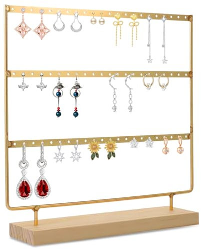 WhizNook 60 Löcher Schmuckständer Ohrringhalter Ohrring Ständer, 3 Tier Ohrringständer mit Holzsockel, Ohrring Display Ständer, für Hängende Ohrringe (Gold)