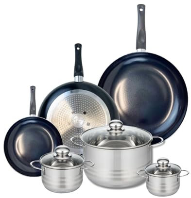ELO 9748250 Batterie de cuisine 6 pièces, Ensemble de 3 Poêles de cuisson 20, 28 et 32 cm et 3 faitouts 12, 14 et 24 cm Elo Prima Brillant, inox, induction