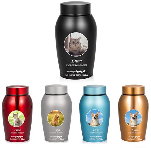 Personalized Pet Memorial Urns for Ashes, Custom Color Photo Remembrance Tribute Gift – No Longer By My Side But Forever In My Heart – Sympathy Bereavement Gifts