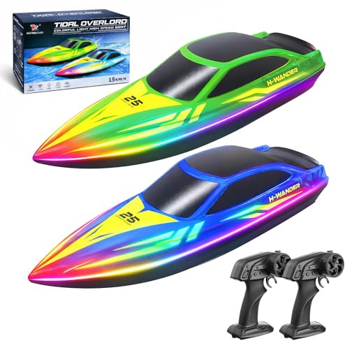 Bateaux télécommandés RC lot de 2, LED 7 modes, vitesse 15 km/h, télécommande 2.4GHz, auto-redressement, alertes batterie et portée, 4 batteries rechargeables, piscine et lac, cadeau garçons et filles