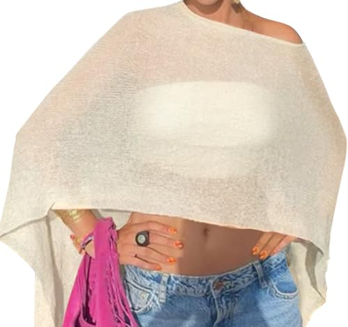 Vicarly Women Poncho Shawl Top Beach Cover Up Beige M