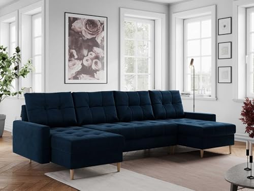 MKS MEBLE Sofa U-Form mit Schlaffunktion, Wohnlandschaft U-Form, Couch mit Schlaffunktion und Bettkasten, Schlafsofa mit Bettkasten, Couch mit Schlaffunktion - Dunkelblau Velvet COLIN U mit Topper T25