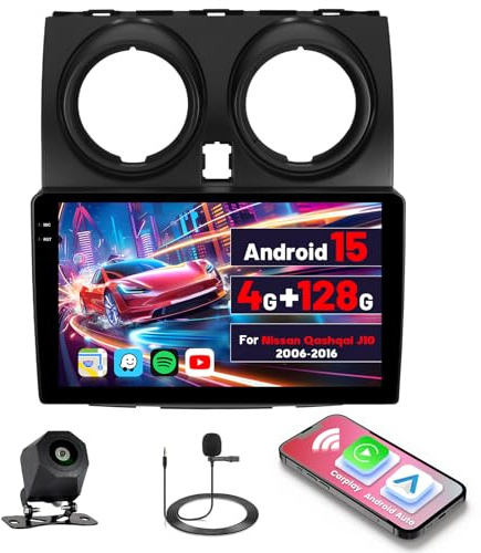 Inefala 4G+128G Autoradio Android 15 pour Nissan Qashqai 2006-2016 | 9 Écran Tactile, Wireless CarPlay, Android Auto, BT, GPS, WiFi, RDS/FM, Caméra de Recul, Mic