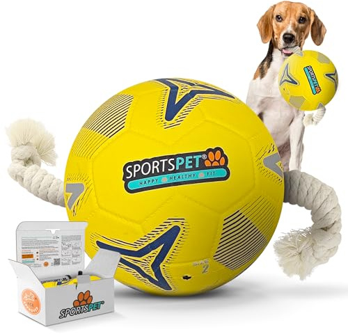 SPORTSPET Tug Rope Dog Football, Tough Fetch Toy (Yellow, Large) | Durable Interactive Dog Ball Toy for Tug of War & Fetch, Tough Outdoor Dog Toy for Medium & Large Dogs, Dog Birthday Gift