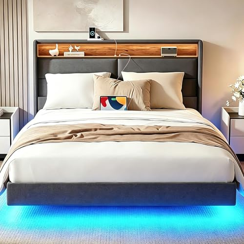 Aptliton Floating Double Bed Frame with Upholstered Storage Headboard, 4ft6 Double Bed with LED Lights and Charging Station, Metal Platform Bed Frame with Storage, 135 × 190CM