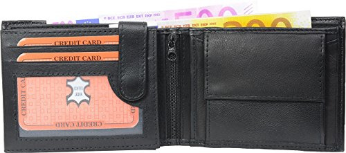 RFID Protection - Super weiche Leder Geldbörse in schwarz für Frauen und Herren, Portemonnaie Brieftasche mit Reißverschluss Scheinfach und doppeltem Kleingeldfach Münzfach - mit Geheimfach