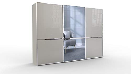 WIEMANN Montreal Kleiderschrank, Schwebetürenschrank, Schlafzimmerschrank, mit Schiebetüren, mit Spiegel, Breite 300 cm, grau, Glas Kieselgrau, Griffe Chrom, B/H/T 300x216x67 cm