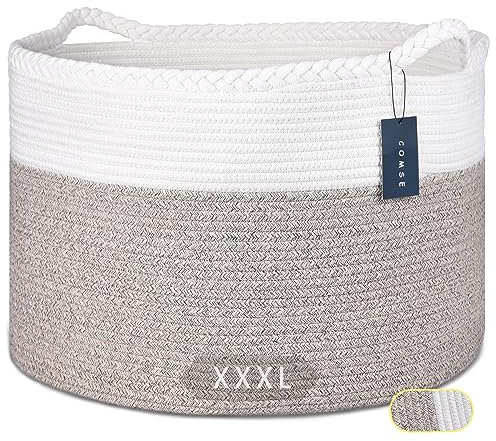 COMSE Extra Large Blanket Basket, Woven Laundry Basket, 55 x 35 CM, Nursery Hamper, Cotton Rope Laundry Hamper Living Room for Storage Toys Clothes Towels, White/Light Brown