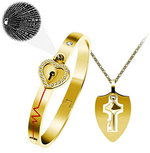 Vergoldeter Edelstahl 100 Sprachen Ich liebe dich Herzschlag Herz Armreif Armband und Schild Schlüssel Anhänger Halskette für Paare Y953 (Gold)