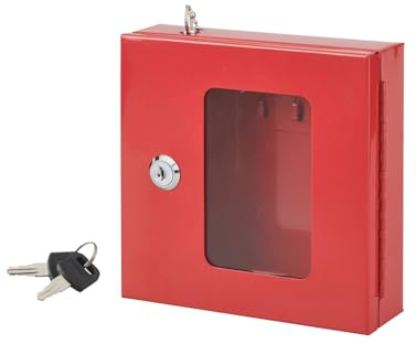 THIRARD – Wandmontierter Glas-Schlüsselkasten – Austauschbare Glasscheibe – Schlüsselschloss – Kette mit Glasbrecherhammer, 3 Haken, 2 Schlüssel inklusive – 170 x 175 x 55 mm – Rot