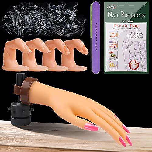 EBANKU Nail Practice Hand Model, Acrylic Nail Art Training Hand & Fingers Flexible Bendable Manicure Hand with Nail Clay Nail Files and 500PCS False Nails Tips for Nail Art Practicing(Clear)
