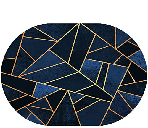 Rururug Teppich Oval Moderner Läufer Orientteppich Kurzflor Flur Schlafzimmer Küche Wohnzimmer rutschfest Waschbar, Blaue und Schwarze Nähte, gelbe Linien Oval 80 x 150 cm