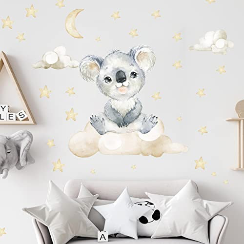 WANDKIND Koala auf der Wolke Wandtattoo V340 | handgezeichnet | AUFKLEBER Kindergarten | Wandsticker Kinderzimmer Kolas mit Sterne Wolken (50 x 50 cm)