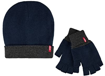 Levi's Warme Wintermütze für Herren, wendbar, mit fingerlosem Handschuh-Set, marineblau/grau, Einheitsgröße