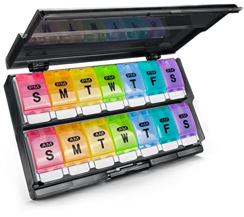 Extra Large Weekly Pill Organizer 2 Times a Day - Remtise Am/Pm Daily Pill Case Medicine Organizer, Push Button 7 Day Pill Box for Pills/Vitamin/Cod Liver Oil/Supplements (Rainbow)