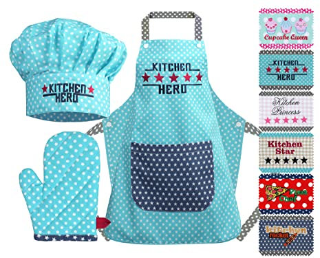 Emily´s Check Kochmütze + Küchenschürze + Topfhandschuh für Kinder - 3teiliges Set 1428.2002, Kitchen Hero, Medium [7-12 Jahre]