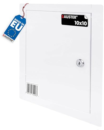 BAUSTER® Revisionstür 10x10 Metall, mit Riegel,zur Abdeckung des Gehäuses, Öffnungen in der Wand, Revisionsklappe, Wartungsklappe, Weiß Revision, pulverbeschichtet