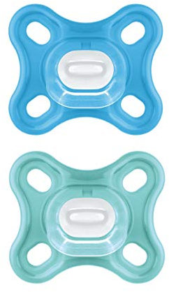 MAM Comfort Schnuller im 2er-Set, besonders kleiner und leichter Baby für Früh- & Neugeborene aus 100% Silikon, mit weichem SkinSoft Saugteil & Schnullerbox, 0+ Monate, blau/türkis