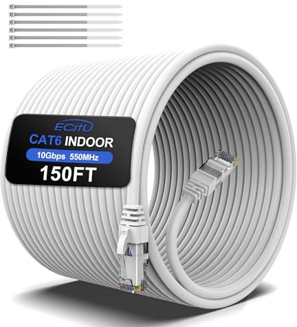 150FT Cat6 Ethernet Cable, Cat 6 Patch Cable, Cat6 Internet Cable, UTP Network Cable, Indoor and Outdoor, PoE, 24AWG CCA, Compatible for PC, Laptop, Router, Switch, Server, with 25 Cable Ties - White