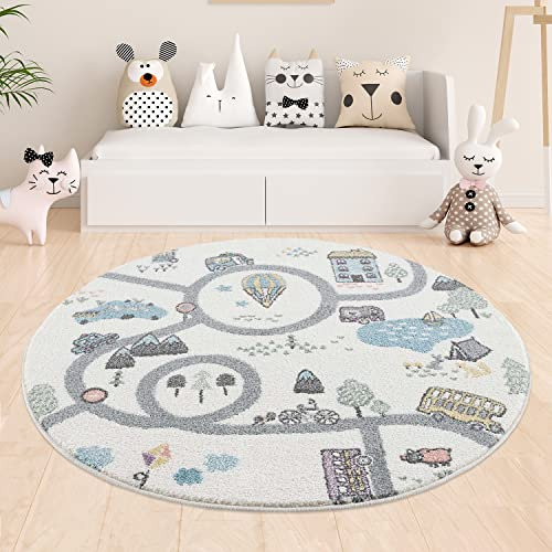 payé Teppich Kinderzimmer - Creme - 120x120cm - Straßenteppich - Pastellfarben Spielteppich Kinderteppich Babyzimmer Kurzflor Weich