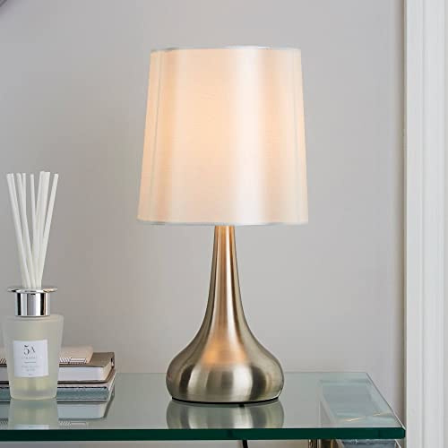 Bloomingtons Direct Chrome Teardrop Touch Bed Side Table Lamps with Warm Light with Silver Fabric Shade for Bedroom Touch Light