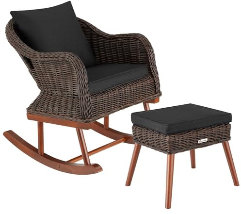 tectake® Poly Rattan Outdoor Schaukelstuhl mit Fußbank, Schaukelsessel mit Hocker, Sessel mit Sitzhocker als Gartenstuhl, Lounge Möbel Outdoor für Terrasse, Balkon, Garten - braun