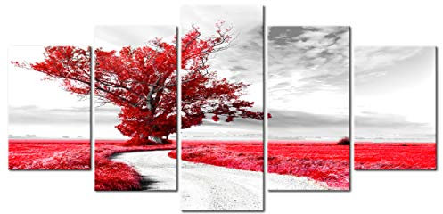 decomonkey - Tableau Acoustique Campagne 100x50 5 Pièces - Impression sur Toile Décoration Maison Isolation Peinture Image Phonique Déco Bureau Nuages arbres fantaisie nature ciel paysage