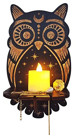 Fuchs-Regal aus Holz für Kristalle, Schwarze Regale mit LED-Kerze, Rustikale Boho-Regale, Wandmontierter Kristall-Ausstellungsständer, Hängende Schwebende Holzregale für Kristallhalter,(Eule)