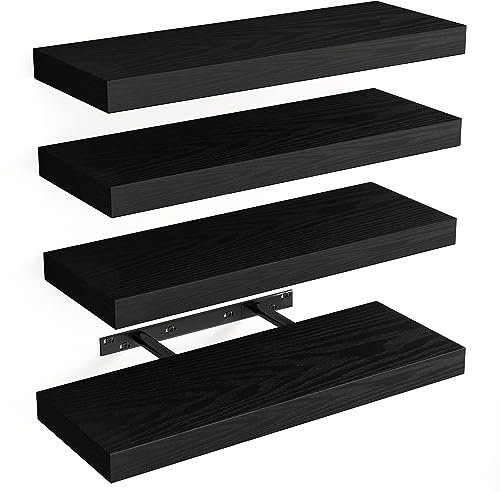 Fixwal Floating Shelves for Wall, Wall Mounted Rustic Wood Shelves for Bathroom, Living Room, Bedroom and Kitchen, Wall Shelves for Storage,Books,Room Decor (Black, Set of 4, 15.8 Inch)