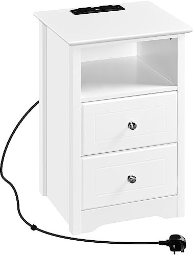 Yaheetech Bedside Table with LED Lights, Bedside Cabinet with 2 Charging Station and 2 USB Ports,Modern Side Table with 2 Drawers and Open Cupboard for Bedroom Living Room Office,White