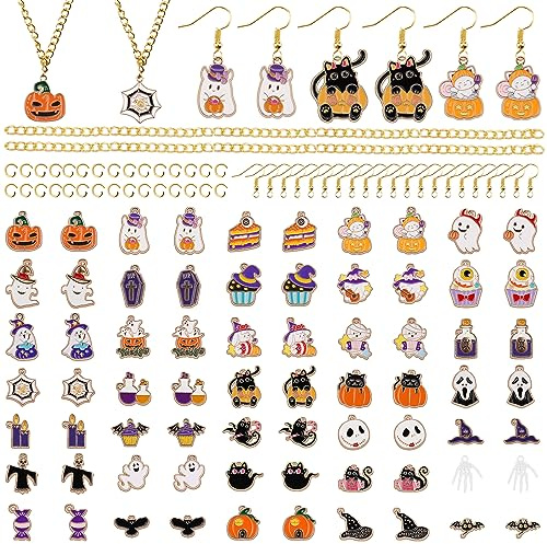 EBANKU 70PCS Halloween Charms for Jewellery Making, Alloy Charms Pendant with 100PCS Ear Hook and 5PCS Necklace Pumpkin Ghost Ornament for Jewelry Bracelet Necklace Crafts Making (C)
