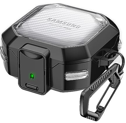 (Mit Sicherem Schloss) Transparent Kohlefaser Hülle Kompatibel mit Samsung Galaxy Buds 2 Pro (2022)/ Pro (2021)/ 2 (2021)/ Live (2020) mit Schlüsselanhänger,Schwarz